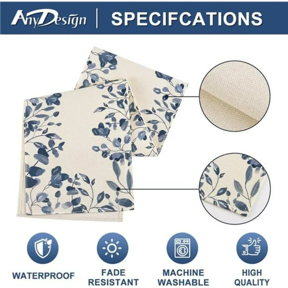 Blue and White Table Runner 13x71 Watercolor Leaves Farmhouse Dining Table Decor